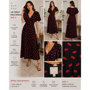 A New Day Lip Print Midi Dress Size 4 Red & Black Flutter Sleeve Dress